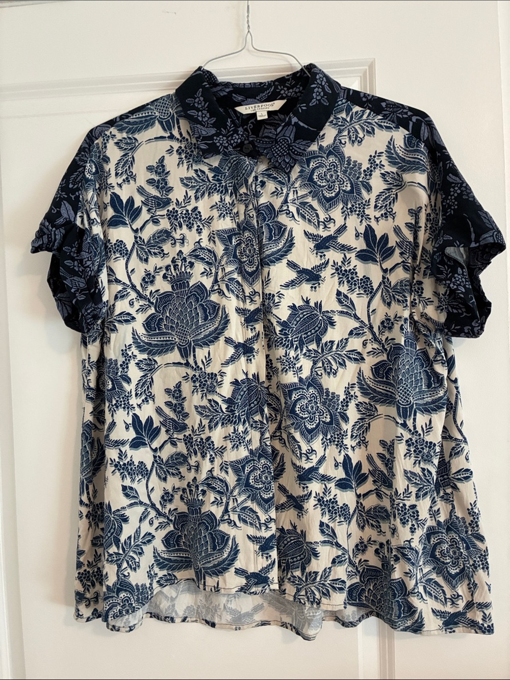 Liverpool York White and Navy Floral Button-Down Short Sleeve Shirt